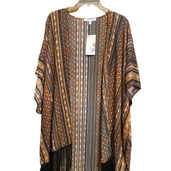 BLACK RAINN Shawl Kimono Wrap Top Bohemian Aztec Fringe Black Sizes Medium - Picture 2 of 5